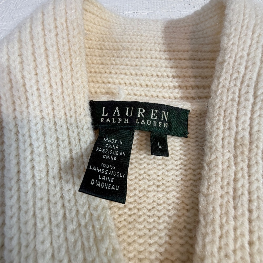 Lauren Ralph Lauren Lambswool Cable Knit Sweater Large Cream Shawl Neck Pullover - Picture 2 of 11
